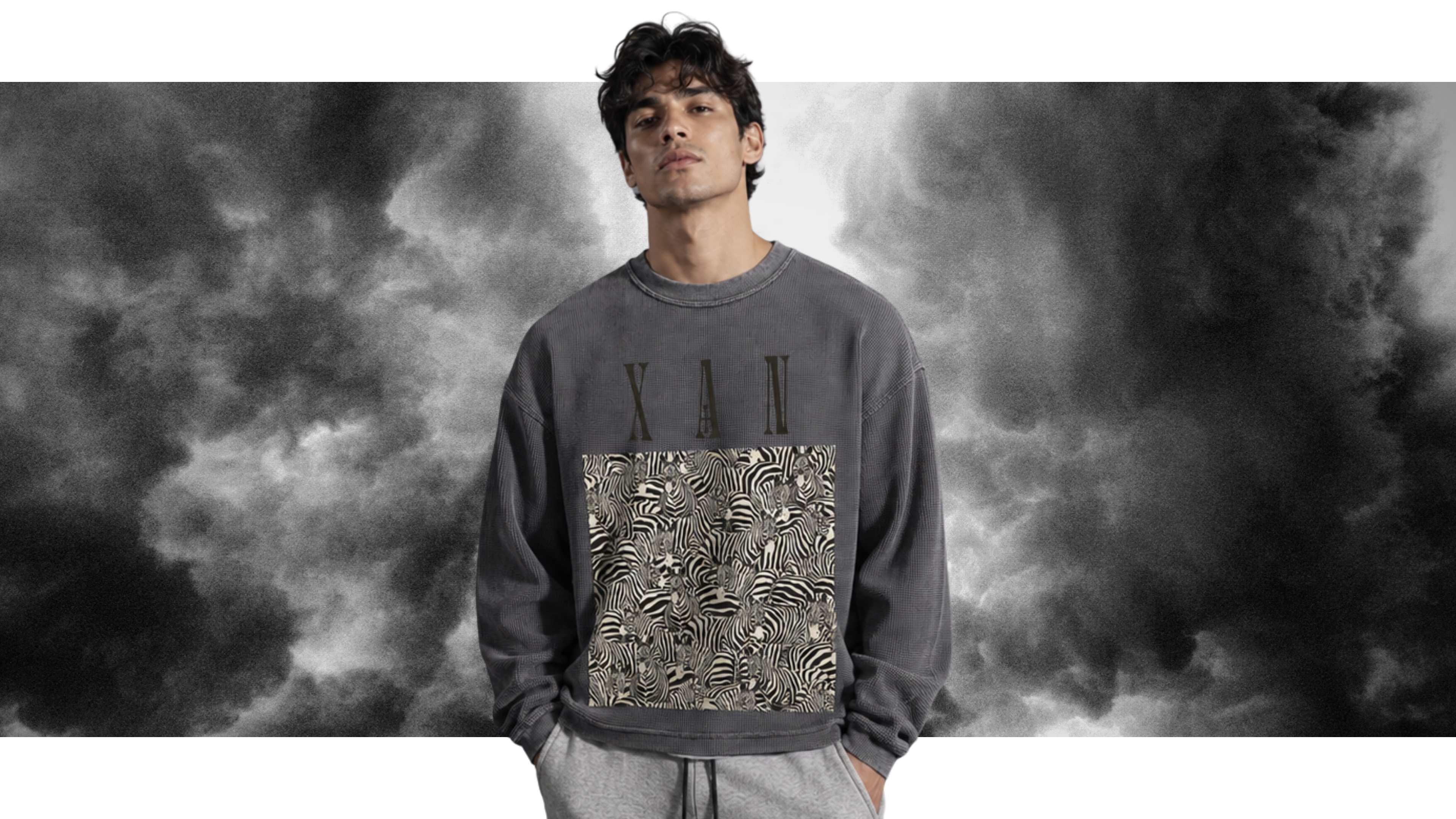 XAN PATTERN ACIDWASH WAFFLE KNIT OVERSIZED FULL SLEEVE T SHIRT