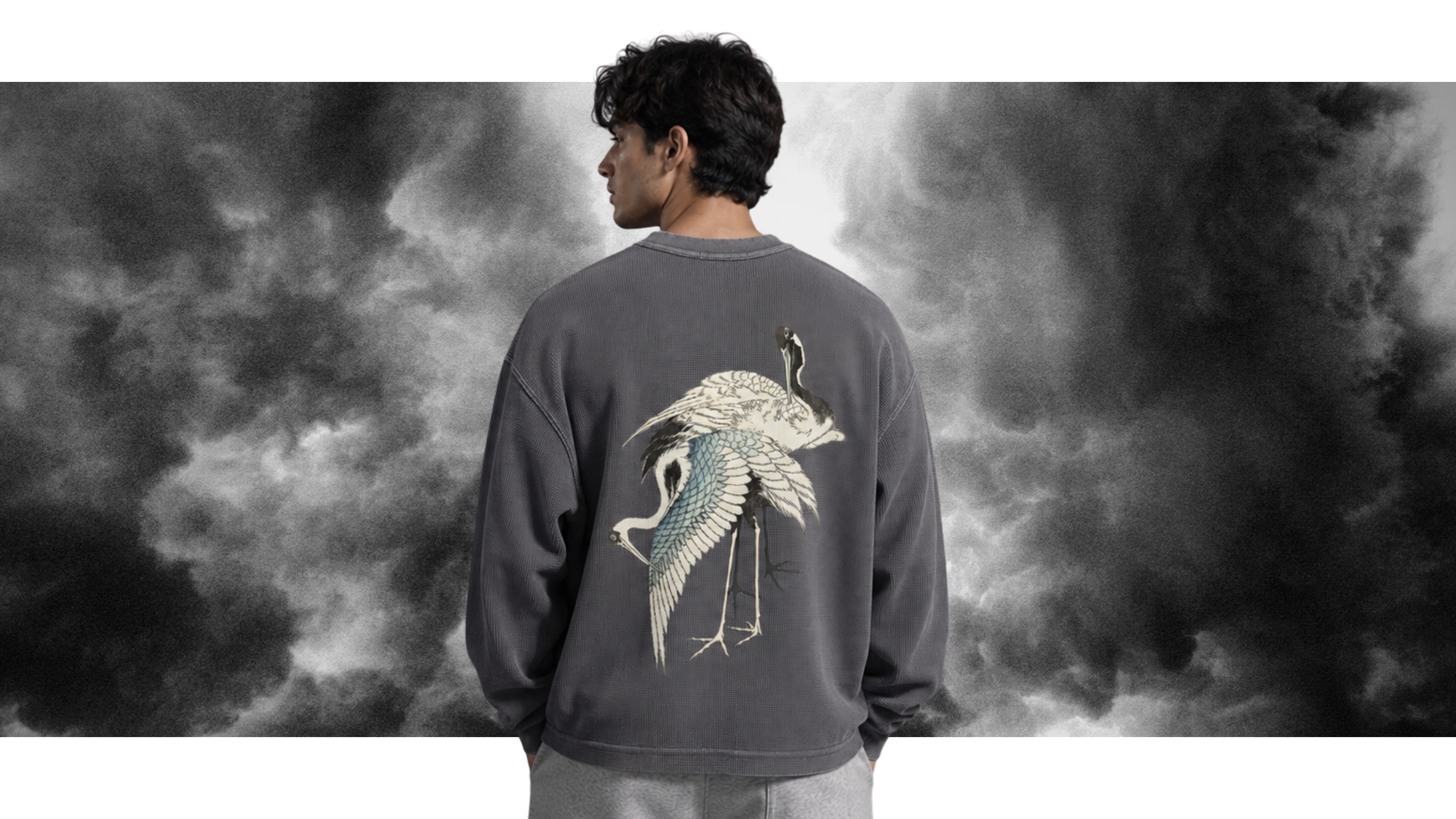 XAN PATTERN ACIDWASH WAFFLE KNIT OVERSIZED FULL SLEEVE T SHIRT