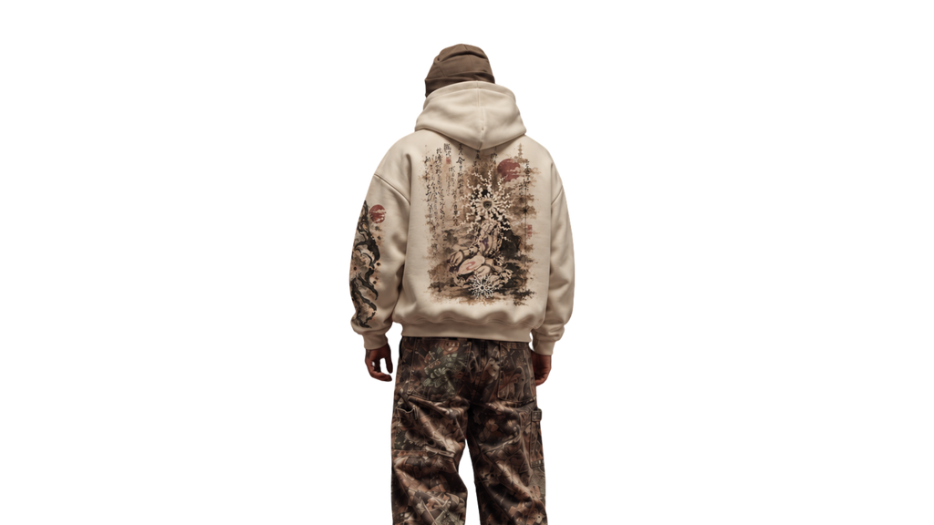 OBSERVANCE cream boxy hoodie — model back
