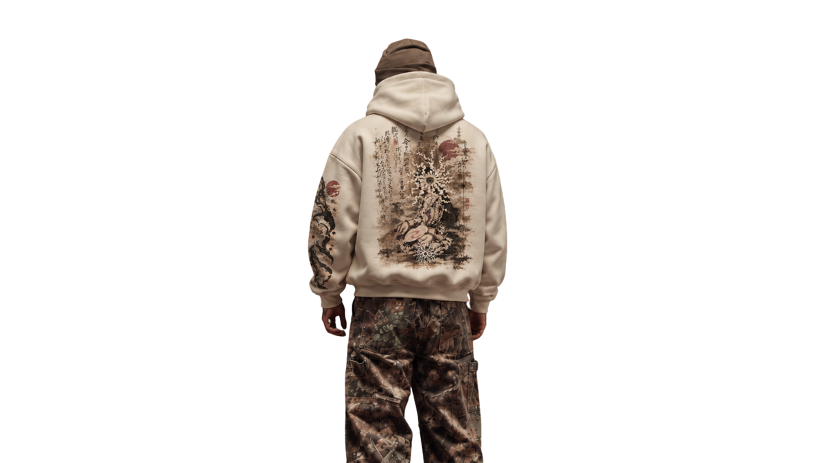 OBSERVANCE cream boxy hoodie — model back