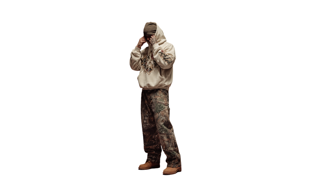 OBSERVANCE cream boxy hoodie — model front