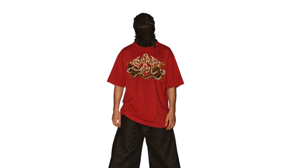 LEOPARD red oversized tee — model front