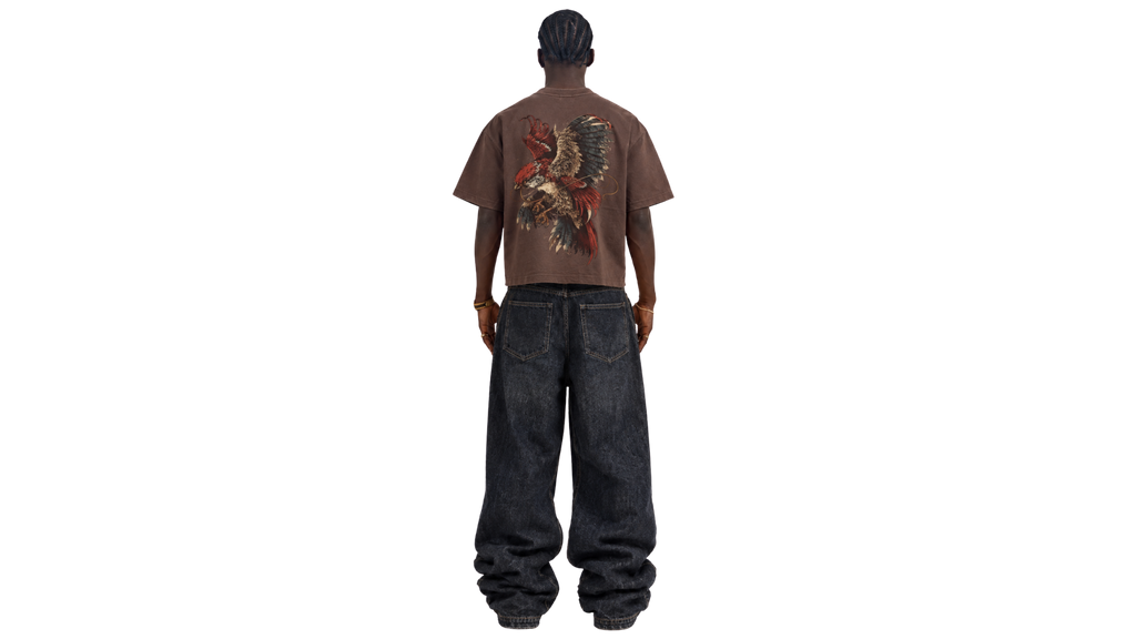 RESTRAINT brown boxy tee — model back