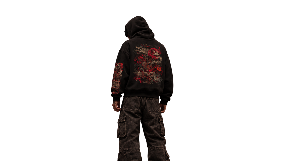 REVERENCE black boxy hoodie — model back