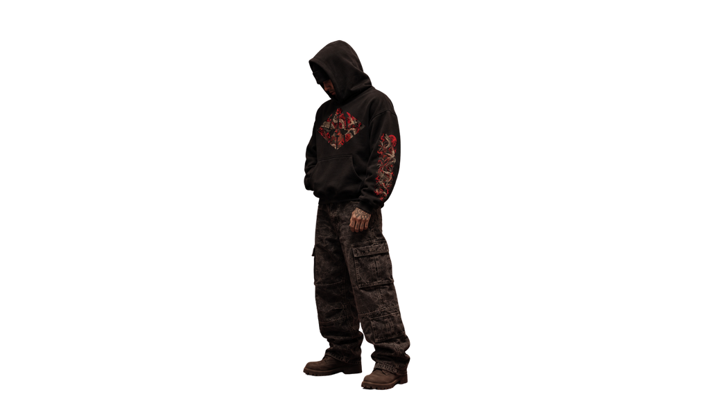 REVERENCE black boxy hoodie — model front