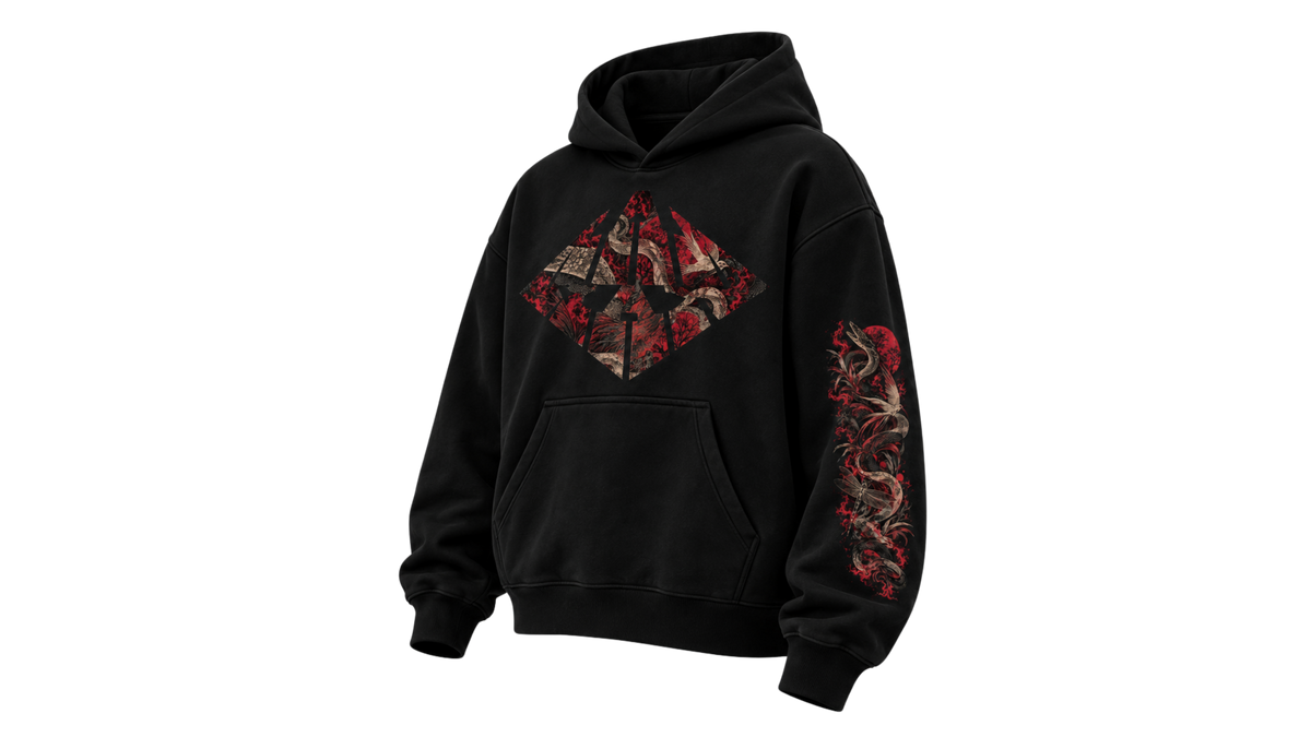 REVERENCE black boxy hoodie — front